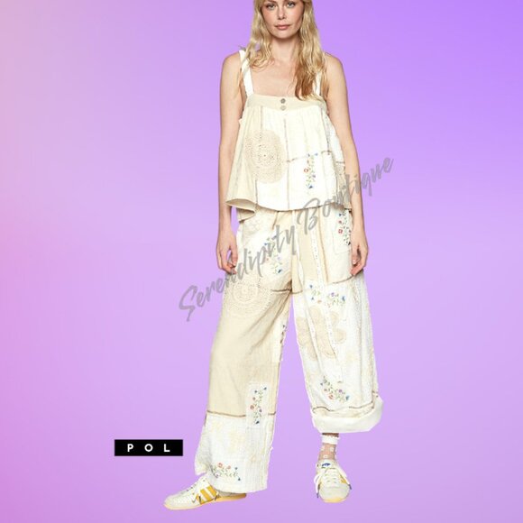 POL Doilies & Daisies Embroidered Soft Quilted Gauze Boho Wide Leg Pants. - Picture 7 of 11